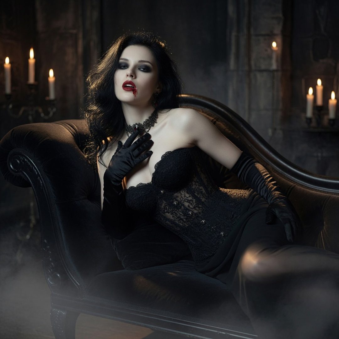 A gothic vampire woman with black hair and red lipstick, wearing a black corset and gloves, posing on a dark chaise lounge with candles in the background.
