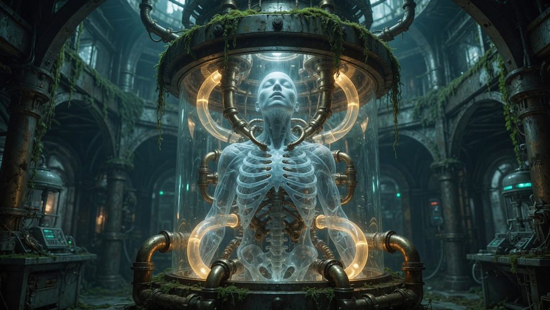 A translucent, glowing human figure with visible bones is suspended in a glass chamber, connected by tubes and wires in a dark, overgrown, steampunk-inspired laboratory.