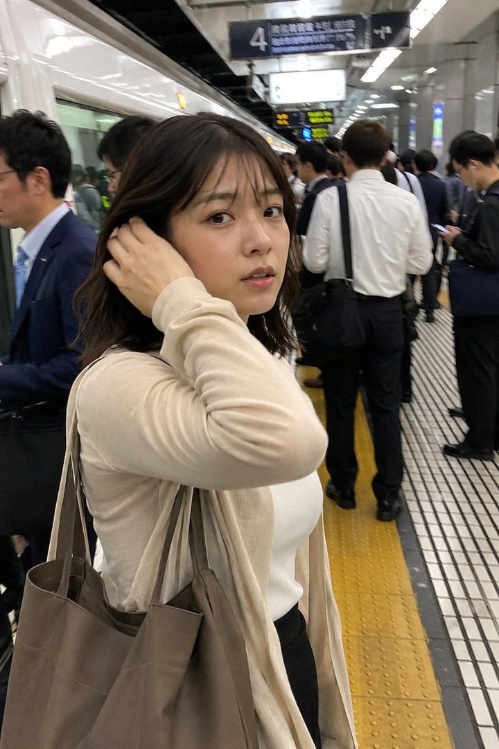 A young woman with dark brown hair and a beige cardigan stands on a crowded subway platform, looking towards the viewer.