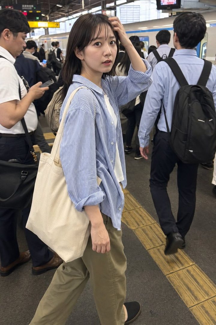 A young woman with dark brown hair, wearing a blue and white striped shirt and khaki pants, looks back at the camera while walking through a crowded train station.