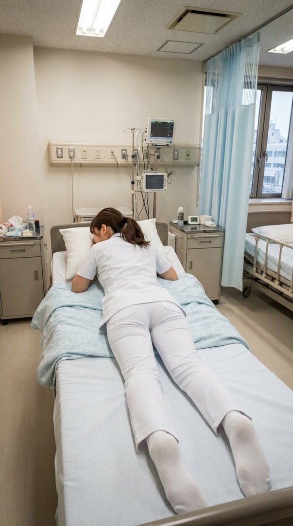 A nurse in white uniform lies face down on a hospital bed, resting her head on a pillow.