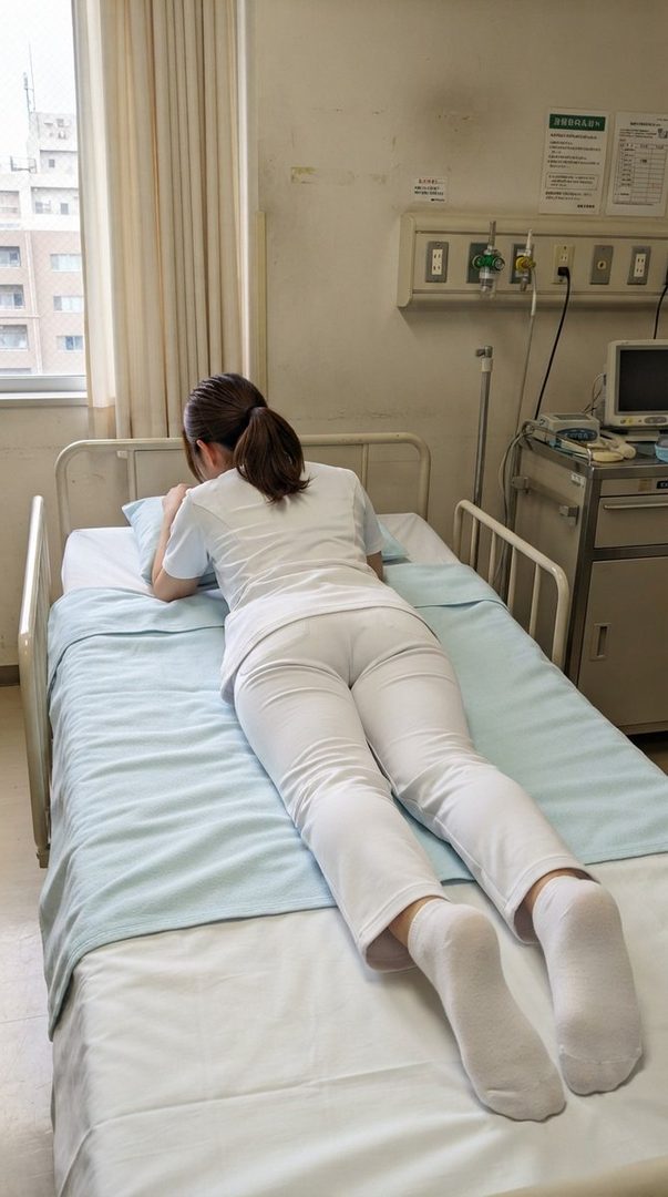 A woman in a nurse's uniform lies face down on a hospital bed, resting her head on a pillow.