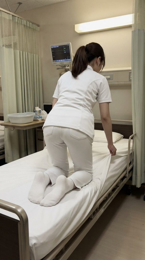 A nurse in white uniform kneeling on a hospital bed, tidying the sheets.