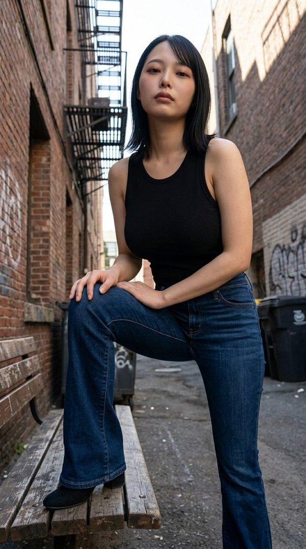 A young East Asian woman with short black hair, wearing a black tank top and blue jeans, poses in an urban alleyway.
