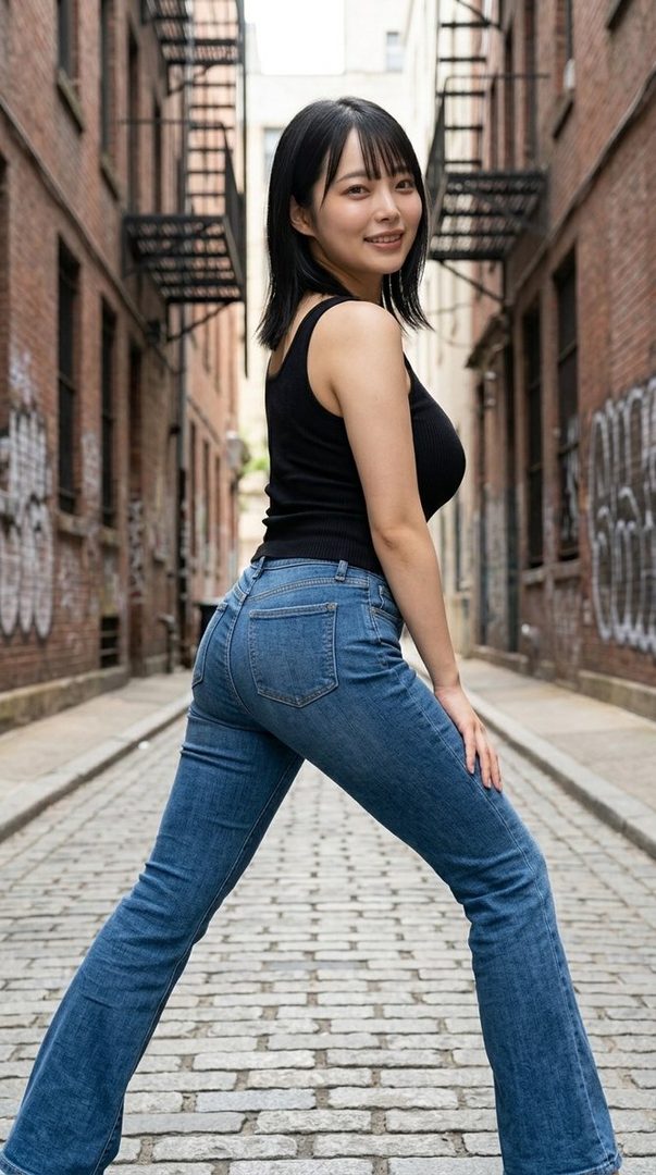 A young woman with short black hair poses in a city alleyway, wearing a black tank top and blue jeans.