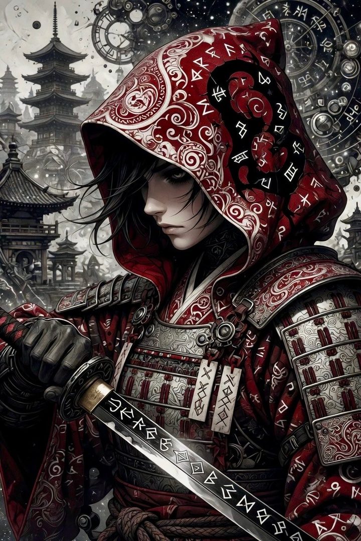 A portrait of a person in red samurai armor with a hood, holding a katana, with a Japanese cityscape in the background.