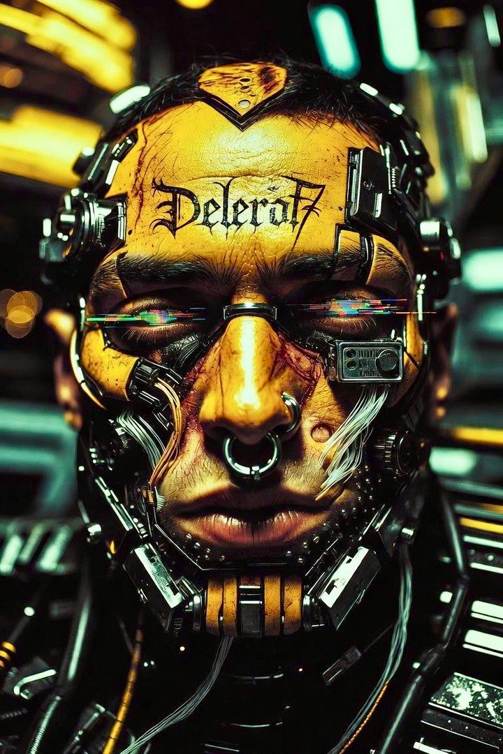 Close-up portrait of a man with a cybernetic face, featuring intricate mechanical implants, wires, and a nose ring, with a glitch effect on his eyes.