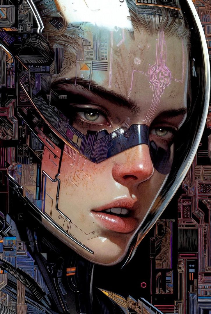 Close-up portrait of a woman with cybernetic enhancements and a futuristic helmet, rendered in a photorealistic style.