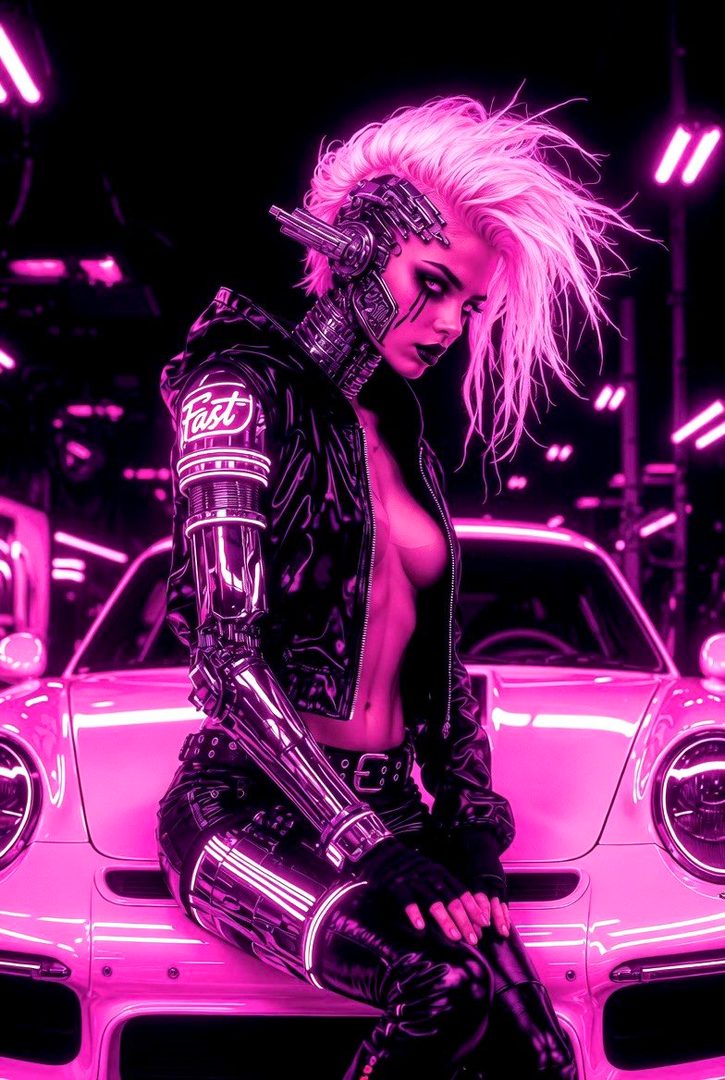 Cyberpunk woman with pink hair and robotic arm sitting on a pink car.