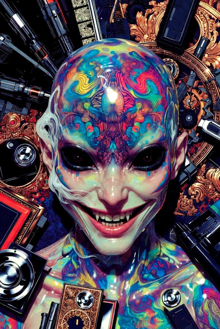 A photorealistic portrait of a stylized, colorful, and slightly unsettling AI-generated character with sharp teeth and black eyes, set against a dark, intricate background.