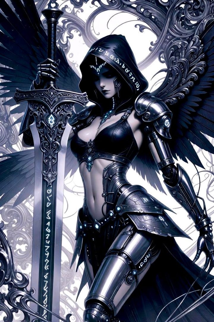 A dark fantasy warrior woman with black wings and a hooded cloak holds a large ornate sword, wearing revealing armor.