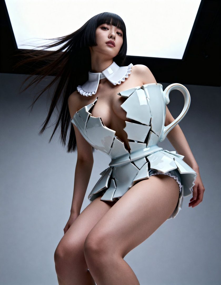 A woman with long black hair and bangs wears a deconstructed teacup dress and a white collar, posing in a studio.
