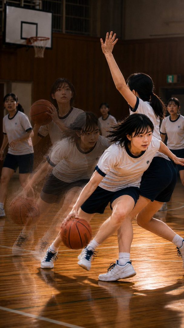 A young woman in a school uniform dribbles a basketball on a wooden court, with motion blur effects showing her movement.