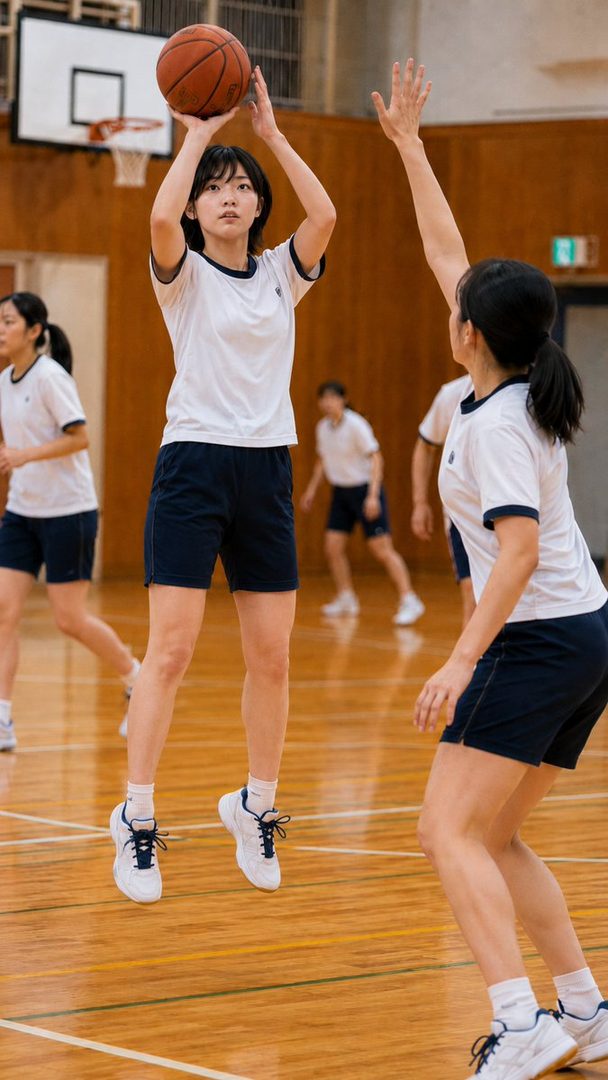 A young woman in a school uniform shoots a basketball during a gym class, with teammates in the background.