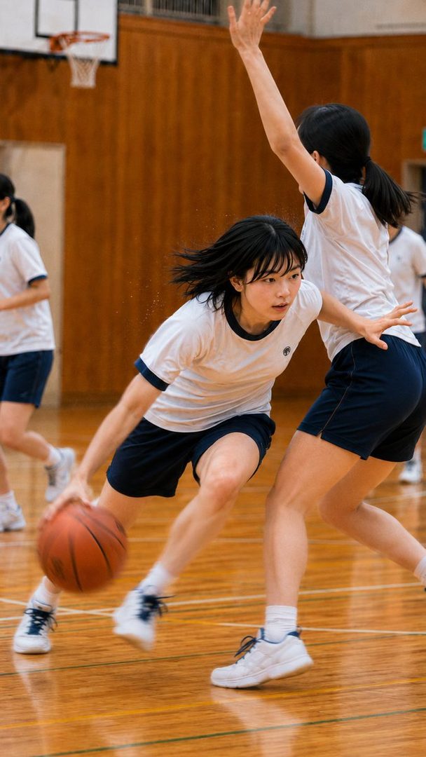 A young Japanese woman with short black hair, wearing a white t-shirt and dark blue shorts, dribbles a basketball on a wooden court during a gym class.