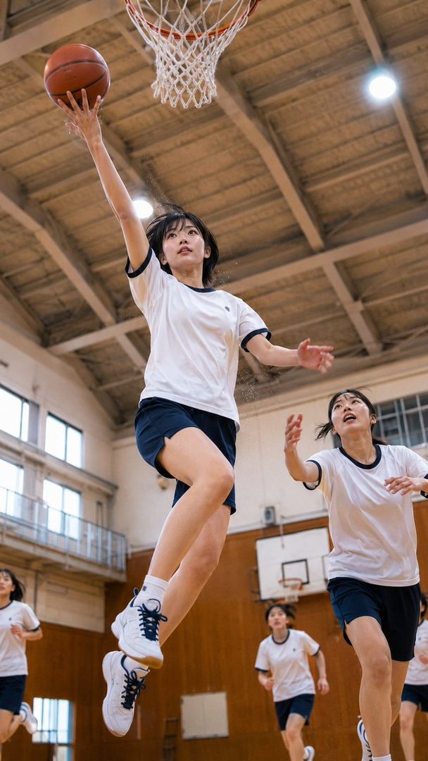A Japanese high school girl in a gym uniform jumps to shoot a basketball, with teammates playing around her.