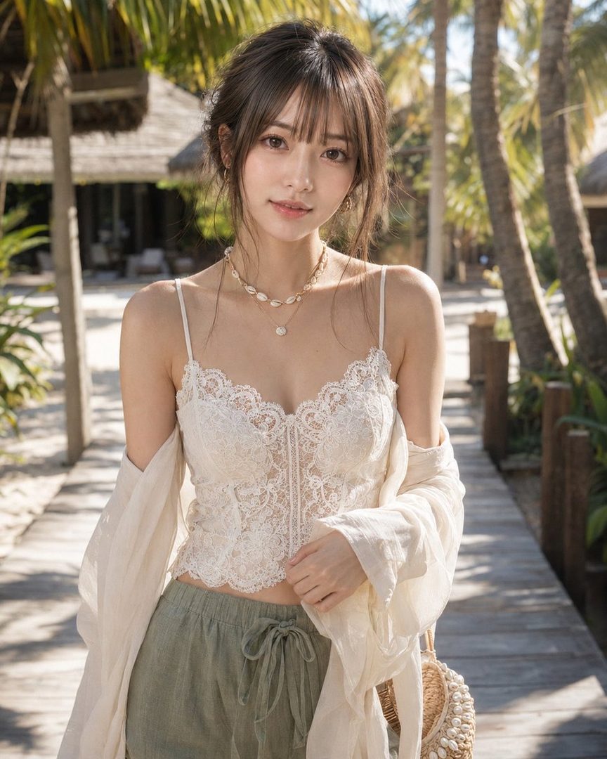 A young East Asian woman with brown hair, wearing a white lace camisole and green pants, stands on a wooden boardwalk at a tropical resort.