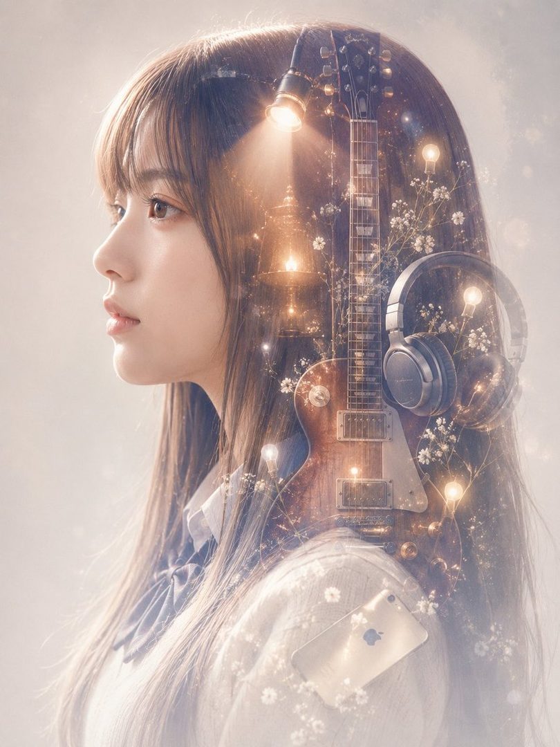 Double exposure portrait of a young East Asian woman with long brown hair, wearing a school uniform, with a guitar, headphones, and lights superimposed.