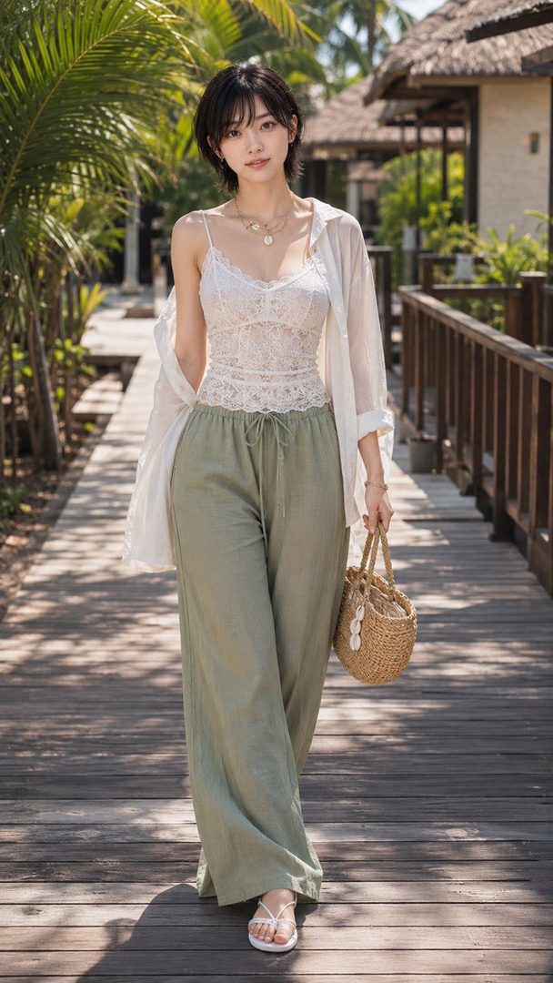 A young East Asian woman with short black hair walks on a wooden boardwalk in a tropical resort, wearing a white lace camisole, a sheer white shirt, and sage green wide-leg pants, carrying a straw bag.
