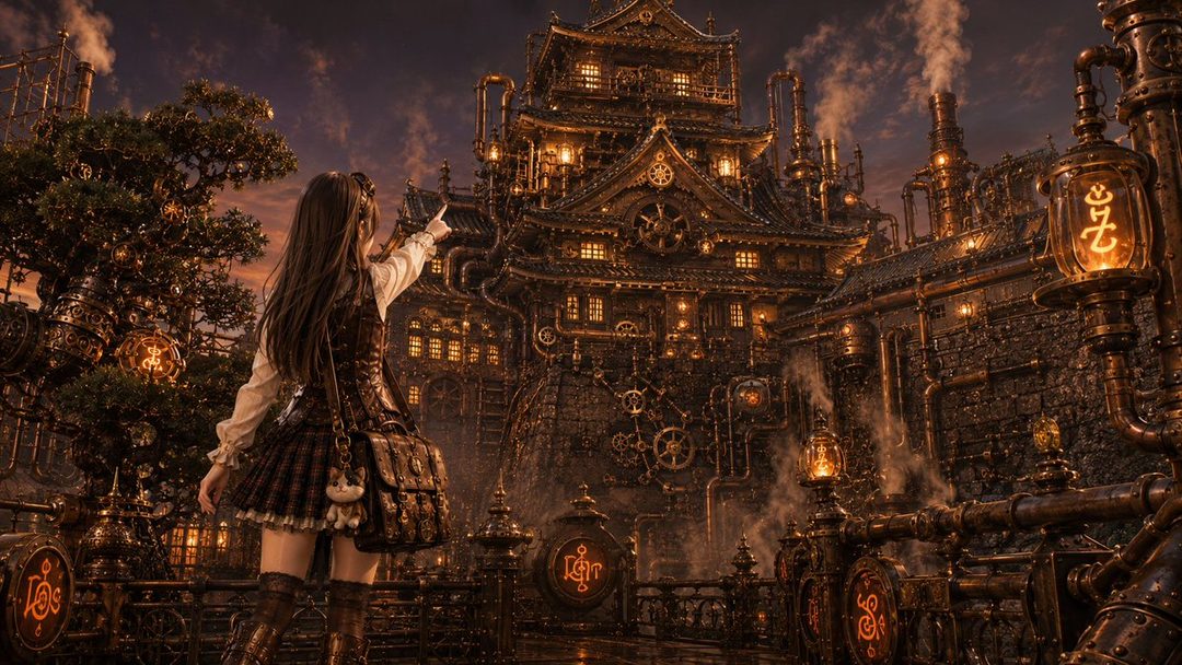 A young woman in steampunk attire stands in front of a fantastical steampunk city at dusk, pointing towards the elaborate architecture.