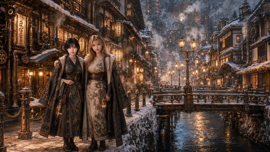 Two young women in traditional Japanese-inspired steampunk attire stand in a snowy, gaslit street with ornate buildings.