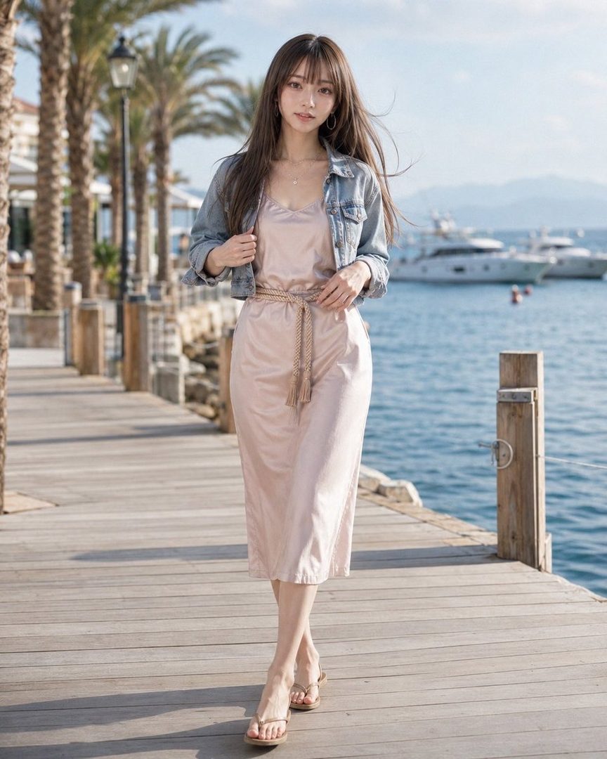 A young woman with long brown hair stands on a wooden pier by the sea, wearing a pink slip dress and a denim jacket.