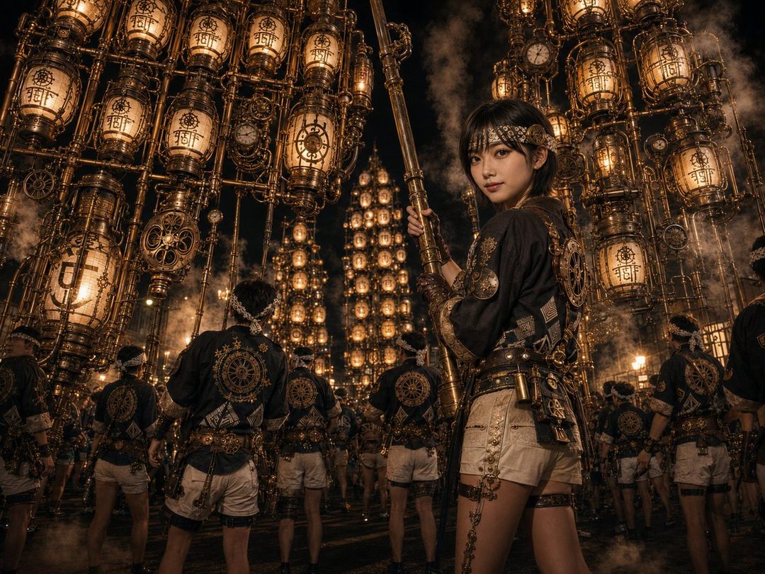 A young woman in a steampunk-inspired outfit stands holding a staff, surrounded by a crowd and elaborate steampunk lanterns at night.