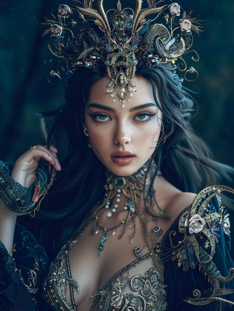 A beautiful woman with dark hair and striking blue eyes, adorned with an ornate golden headdress and intricate jewelry, poses elegantly in a dark, natural setting.