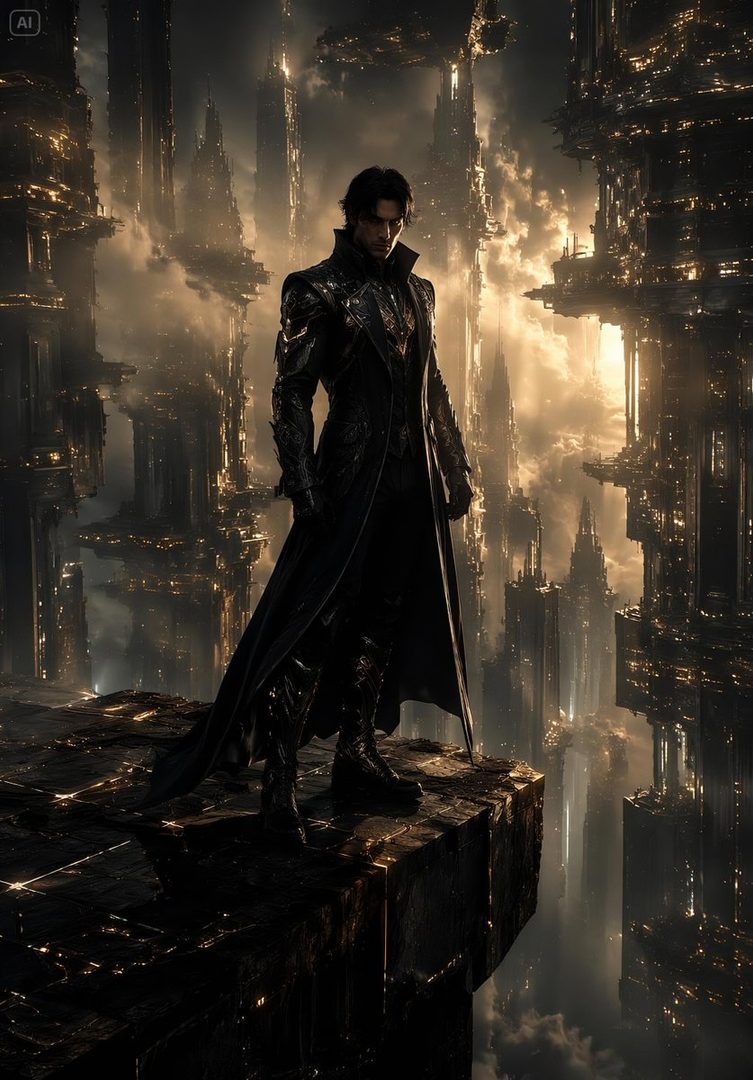 A man in a dark, ornate coat stands on a ledge overlooking a futuristic, illuminated city at night.