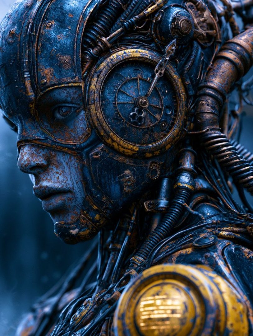 Close-up portrait of a cyborg with a weathered, metallic face and intricate mechanical details, featuring a clockwork-like mechanism on its head.