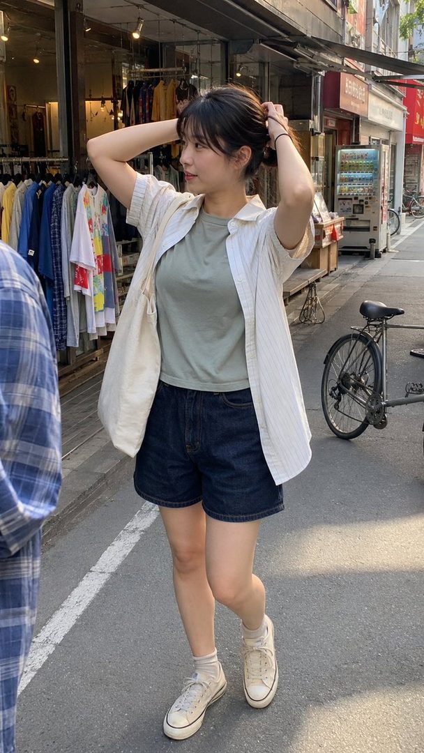 A young woman with dark hair tied back, wearing a light green t-shirt, an open white striped shirt, and denim shorts, stands on a city street with shops in the background.