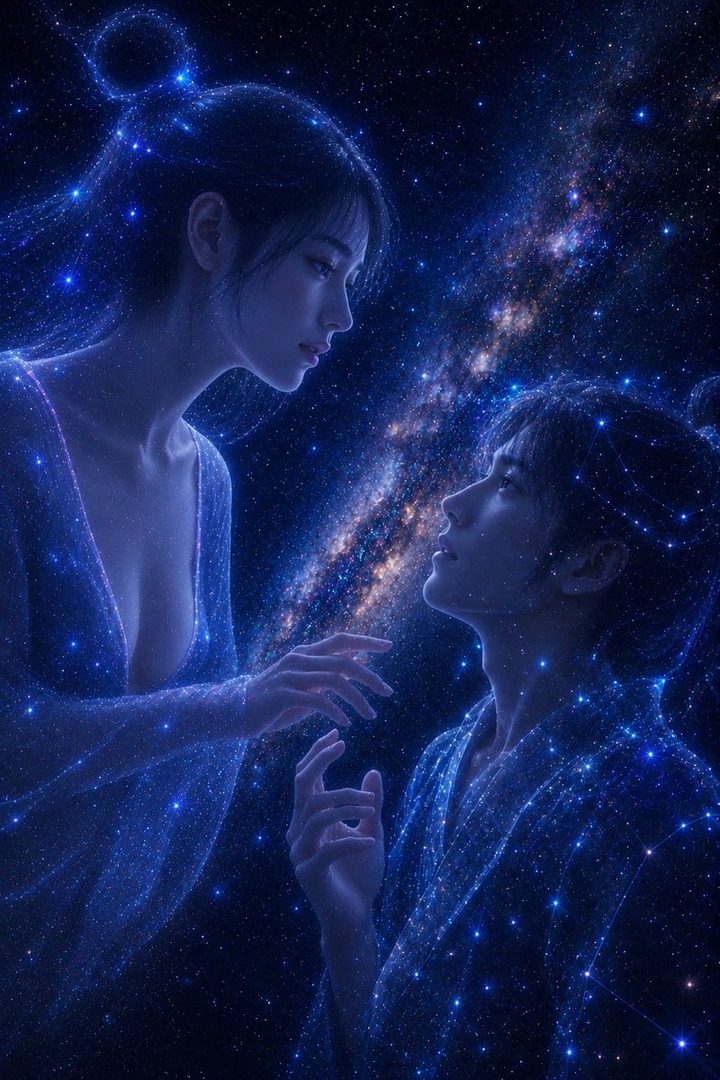 A man and a woman gaze at each other against a backdrop of a starry night sky and the Milky Way, with glowing blue particles surrounding them.