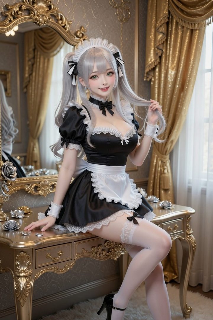 A photorealistic AI portrait of a young woman with silver hair in a maid outfit, posing indoors.