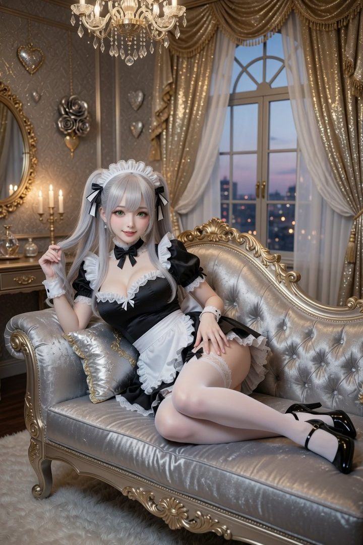A beautiful AI-generated woman with silver hair in a maid outfit, posing on a luxurious sofa indoors.