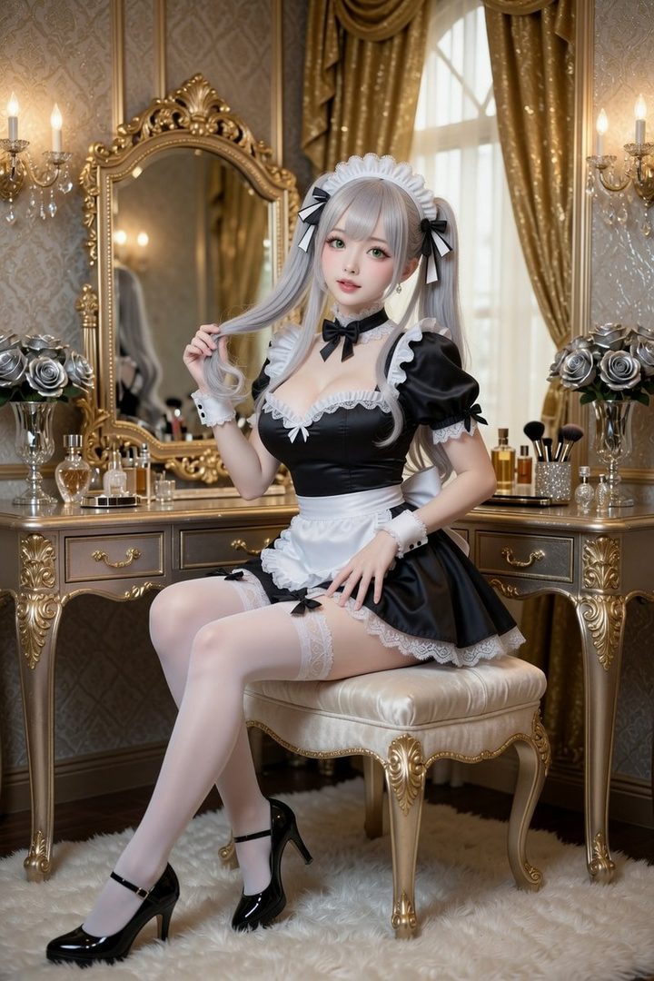 A young woman in a black and white maid outfit with silver hair in ponytails sits on a stool in a luxurious room.
