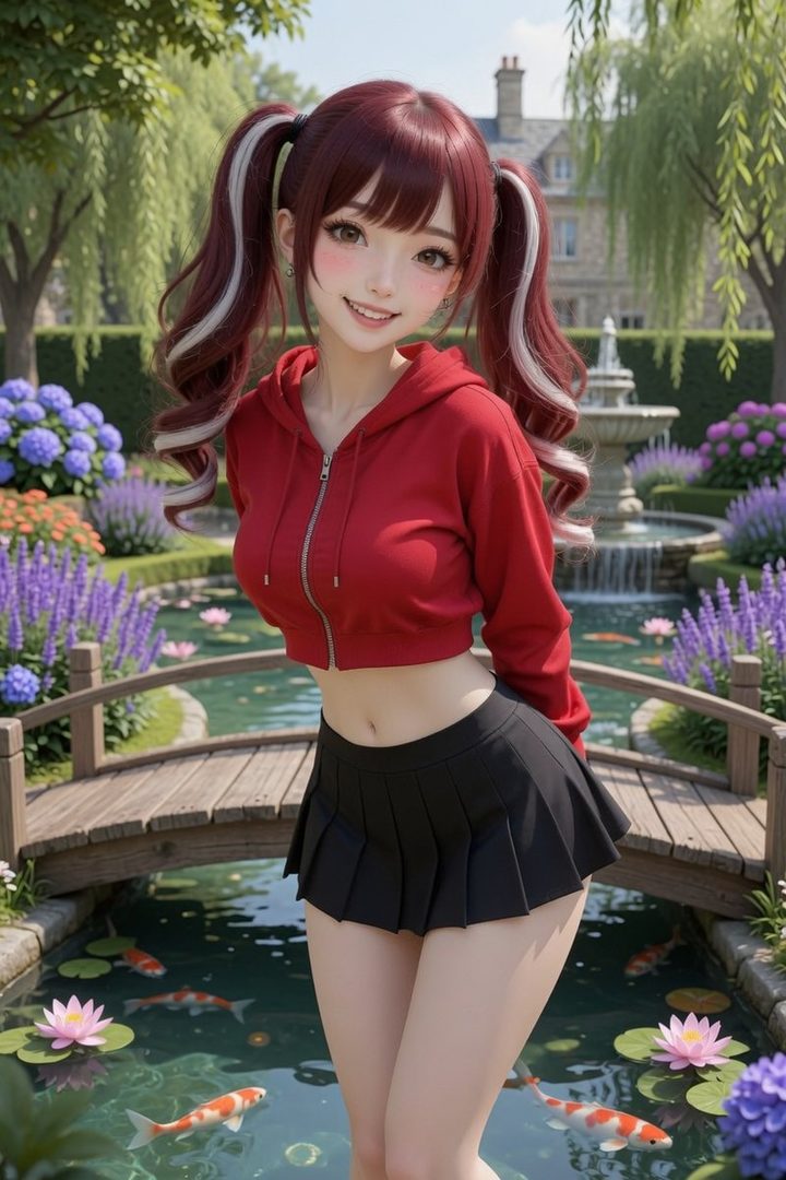 A young woman with red twintails, wearing a red cropped hoodie and a black pleated skirt, poses in a lush garden with a koi pond.