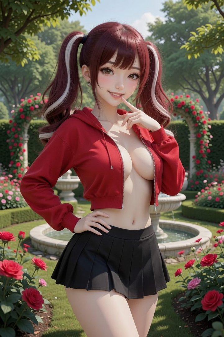 A young woman with red twintail hair and a red cropped hoodie, wearing a black pleated skirt, posing in a garden.