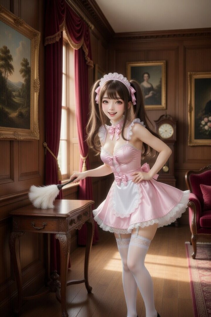 A young woman in a pink maid outfit with pigtails is dusting a table in a luxurious room.