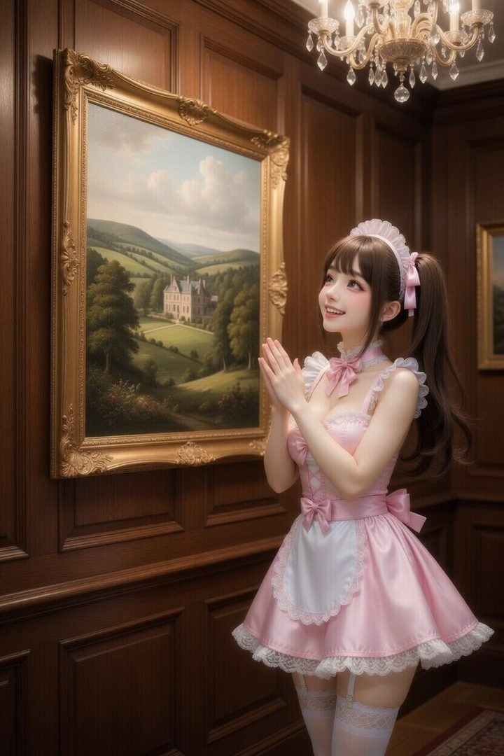 A young woman in a pink maid outfit poses in front of a painting in a luxurious room.