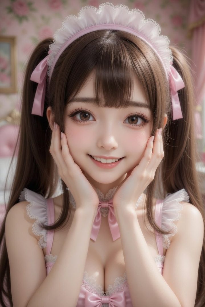 A cute AI girl with brown twintails, wearing a pink maid outfit, poses with her hands on her cheeks.