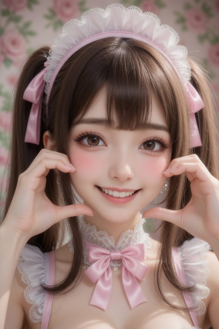 A cute AI girl with brown pigtails, wearing a pink maid outfit and a lace collar, poses with her hands forming a heart shape.