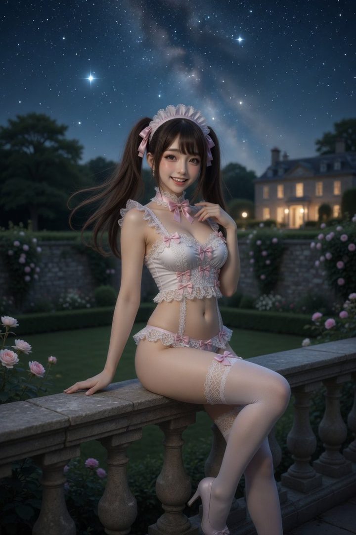 AI generated portrait of a cute East Asian woman in a pink and white maid outfit with pigtails, sitting on a stone railing in a garden at night under a starry sky.