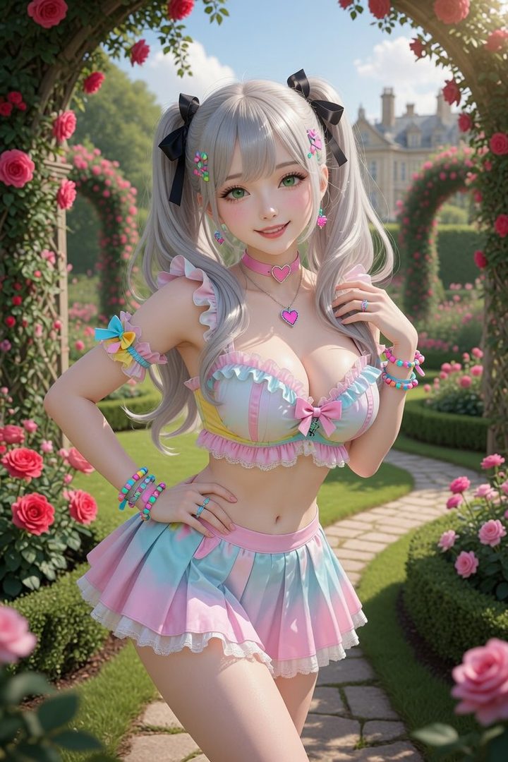 An AI-generated portrait of a young woman with silver twintails, wearing a pastel-colored outfit, posing in a rose garden.