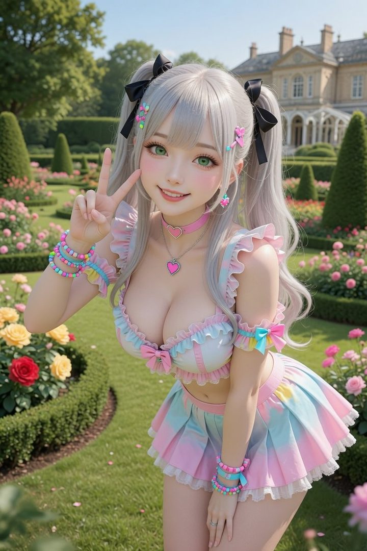 AI girl with silver twintails and green eyes wearing a pastel outfit, posing in a garden with a mansion in the background.
