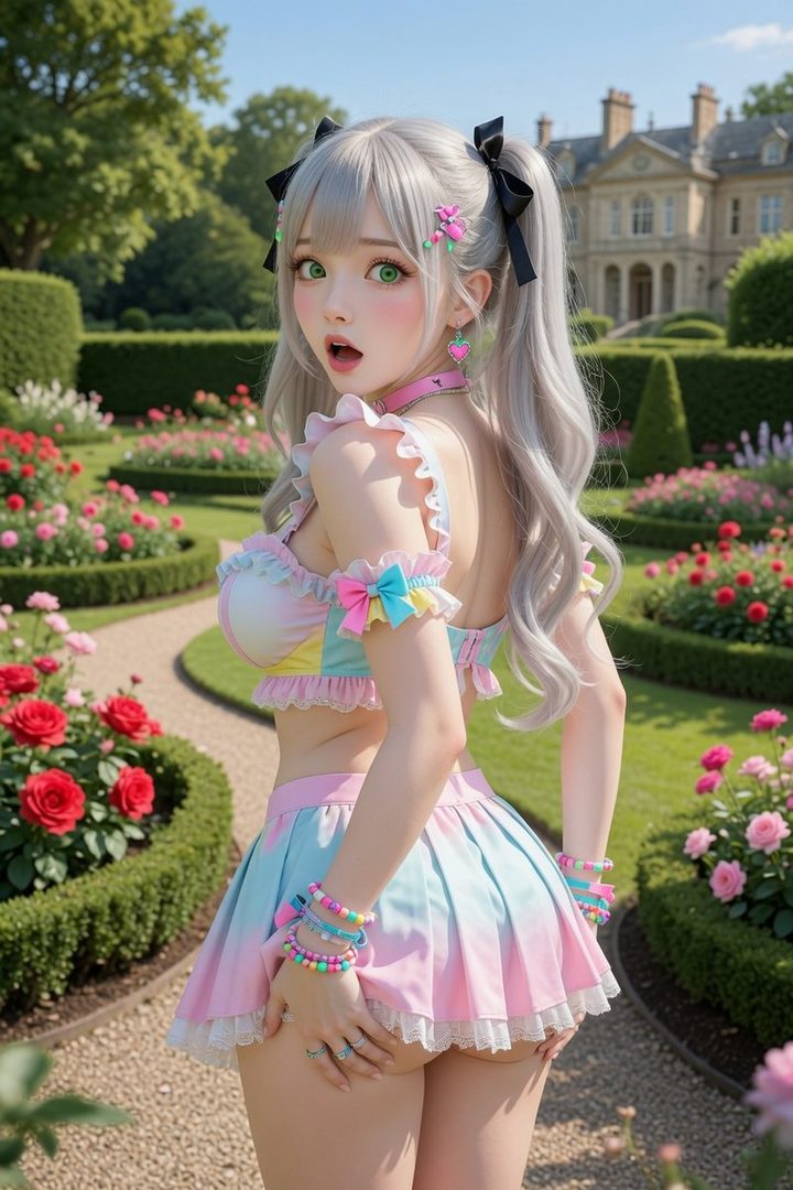 An AI-generated portrait of a young woman with silver twintails, wearing a pastel-colored outfit, posing in a lush garden with a mansion in the background.