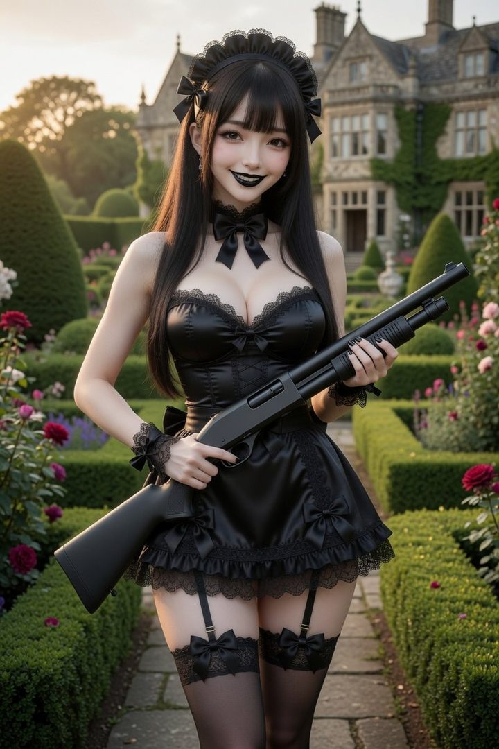 A young woman in a black maid outfit holds a shotgun in a formal garden.