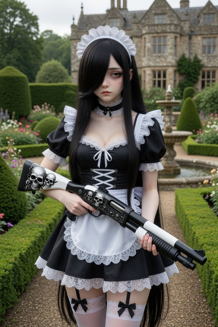A young woman dressed as a maid, holding a shotgun decorated with skulls, stands in a formal garden.