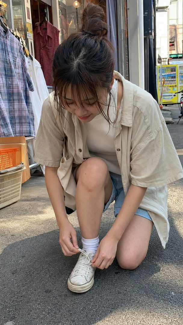 A young woman with her hair in a messy bun, wearing a beige shirt and denim shorts, kneels on the street to tie her white sneakers.