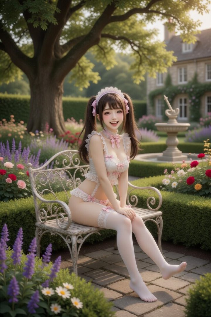 A young woman in a maid-inspired lingerie set with pink bows sits on a bench in a lush garden, with a large tree and a manor in the background.