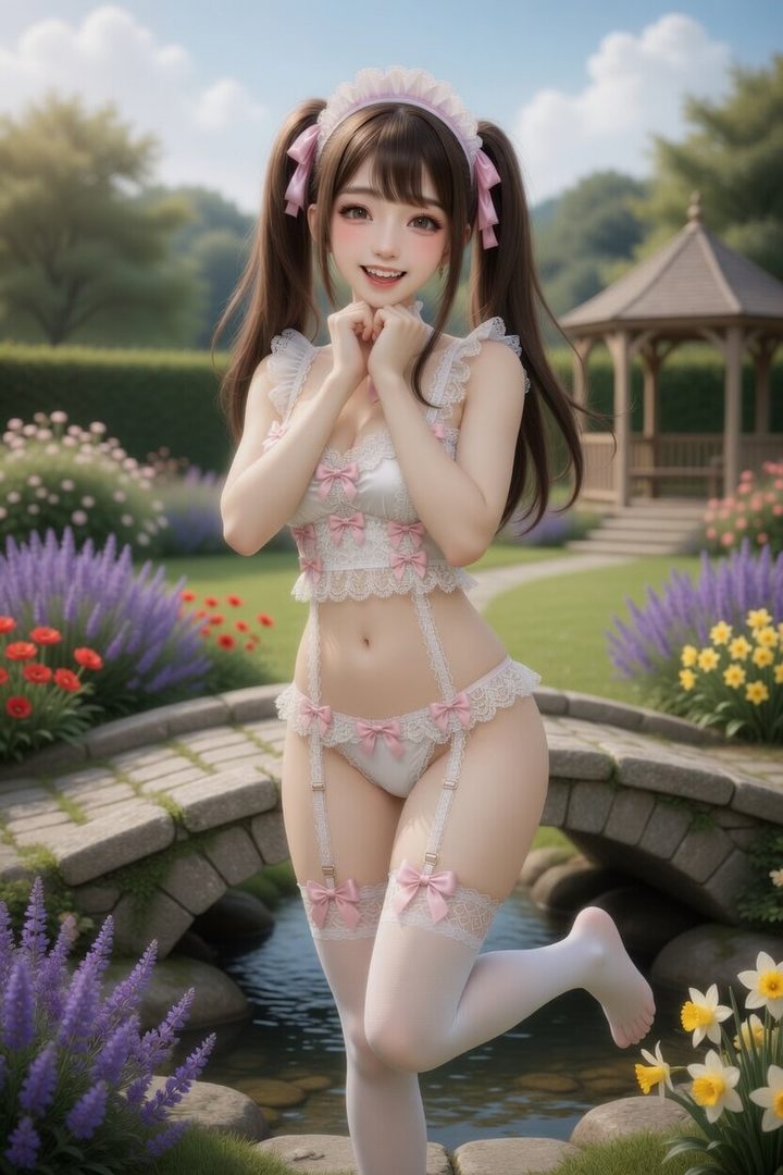 A young woman with brown pigtails, wearing a white and pink maid-inspired lingerie set, poses playfully in a lush garden with a stone bridge and flowers.